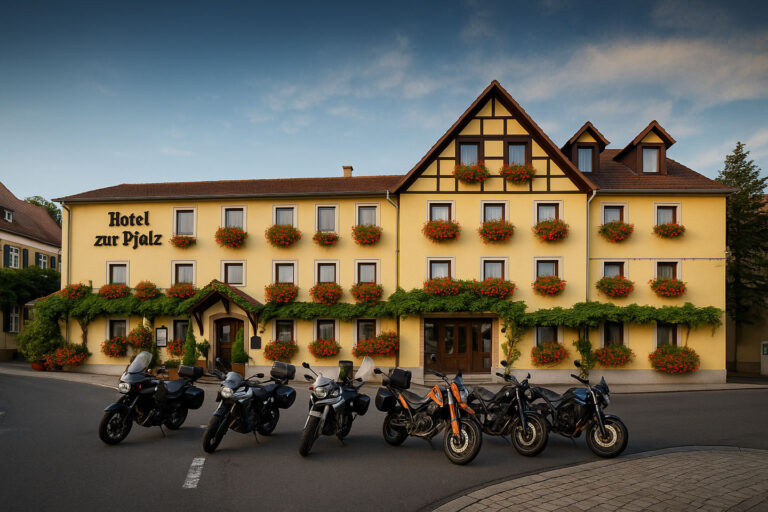 Das Hotel zur Pfalz bei sommerlichem Wetter, mit gelber Fassade, vielen Fenstern und üppigen Blumenkästen mit roten Geranien. Vor dem Eingang stehen mehrere Motorräder geparkt, bereit für eine Tour. Der Himmel ist blau, die Stimmung freundlich und einladend.