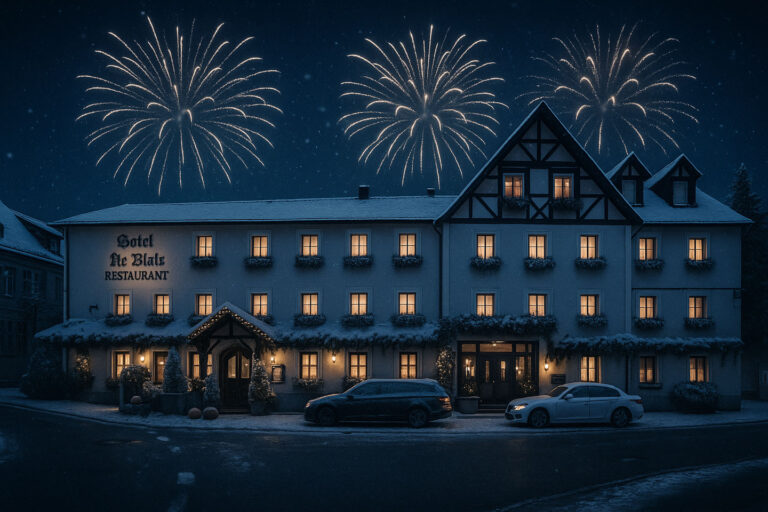 Das Hotel zur Pfalz im Winter bei Nacht. Das Gebäude ist mit Schnee bedeckt, die Fenster sind warm beleuchtet. Über dem Hotel erleuchten große, helle Feuerwerke den dunklen Nachthimmel. Die Atmosphäre wirkt festlich und gemütlich, passend zu Silvester.